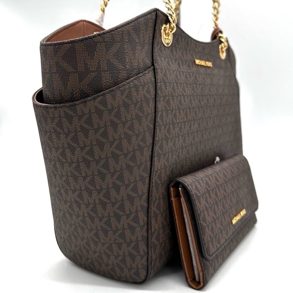 Michael Kors Large Jet Set Travel Chain Shoulder Bag & Trifold Wallet Brown - Picture 4 of 14